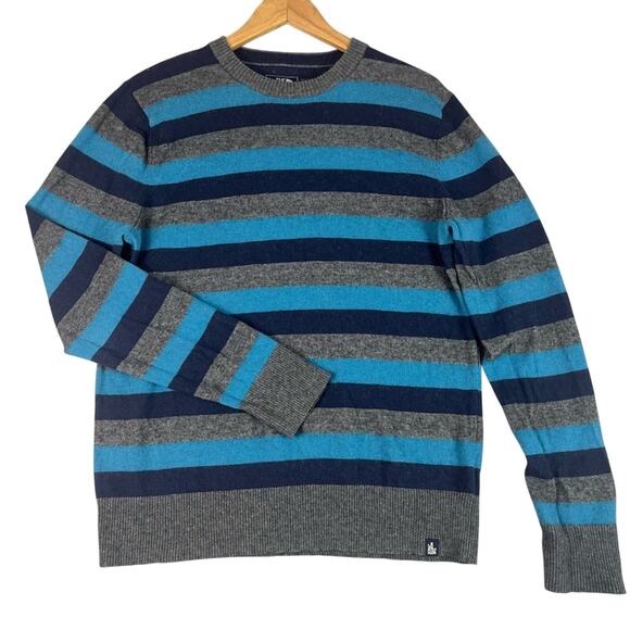 North Face Crew Neck Sweater Mens Medium Blue Grey Striped Wool Outdoors Casual - Picture 1 of 10